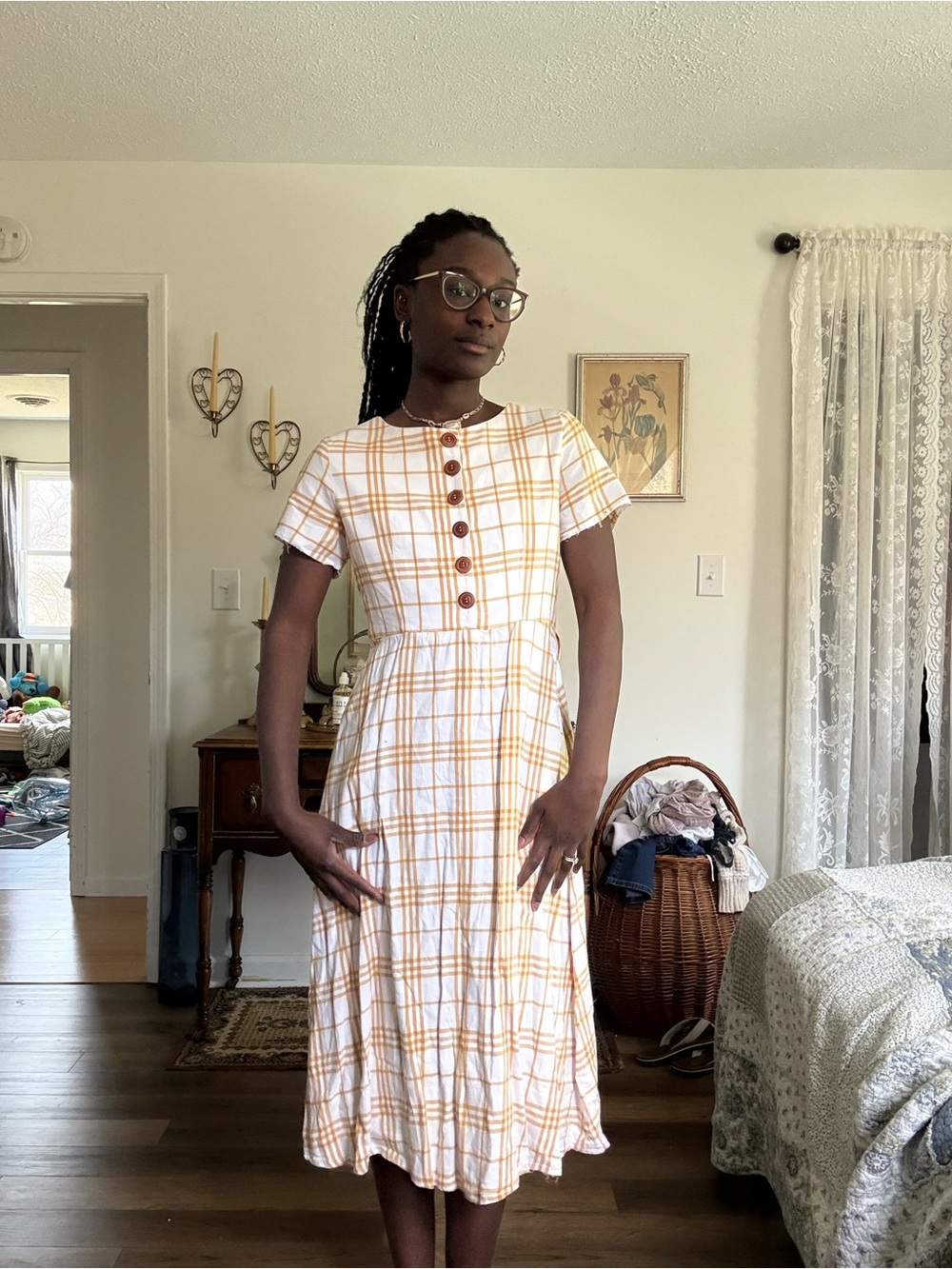 Women’s Short-Sleeve White and Mustard Plaid Midi Dress